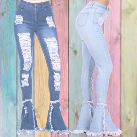 JC JQ Denim - JC JQ Light Blue High Waist Stretchy Flared Bottom Denim Destroyed Jeans NEW